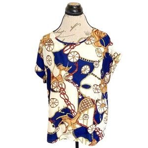 Liva Girl Blouse Printed Chain Size XXL Short  Sleeve Roll Up Dressy Polyester